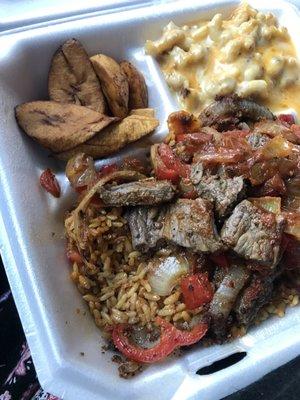 Plantains, Jollof Rice, Suya and Mac and Cheese