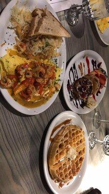 The Crawfish Omelette with the Waffle flight and a Carmel waffle