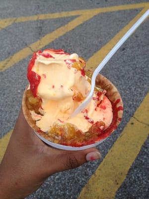 Mango soft serve, cherry dip coat, pineapples in a plain waffle bowl..yumm!!