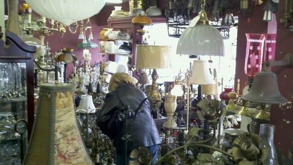 Lamps are piled from the floor to the ceiling, literally.