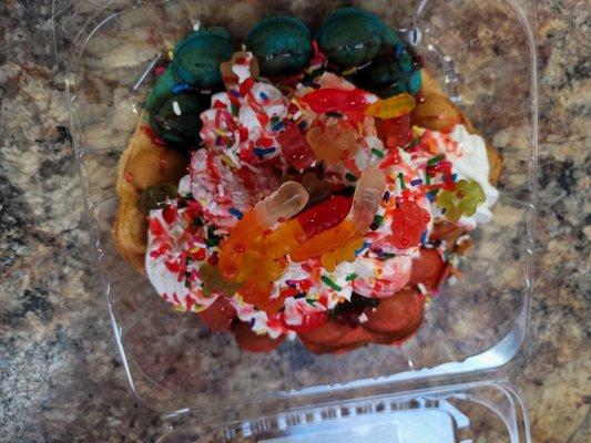 Rainbow Waffle with gummy bears and sprinkles