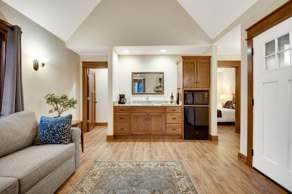 Cottage living room and kitchenette