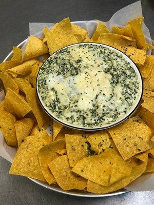 "Krazie Spinach Dip w/Chips" Our creamy Spinach & Artichoke Dip served with Crispy Tortilla Chips.