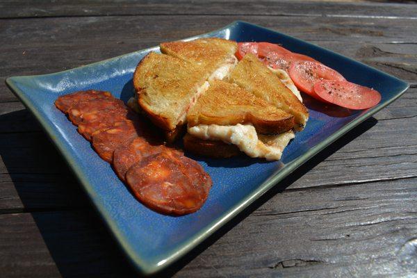 Spaniard style pork chorizo grill cheese sandwich on sourdough bread, olive oil.....