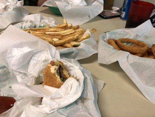 Burger, Fries, and Onion Rings