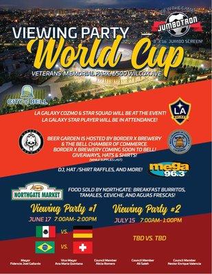 Come out on Sunday, June 17 to Veterans Memorial Park to our World Cup Viewing Party. Food,Beer Garden,Games & Activities,Mega96.3  & more!