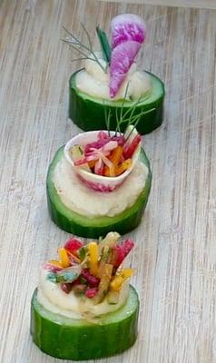 Parsnip Butter with Watermelon Radish & Pickled Daikon Salsa in a cucumber Cup