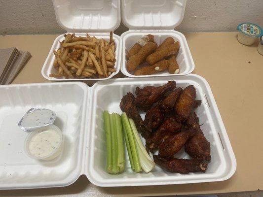 Garlic Wings Fries and Mozzarella Sticks