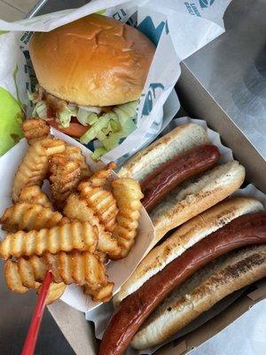 BBQ Bacon Burger, Fries, and Hot Dogs