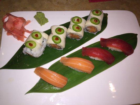 Snow Mountain roll w tuna and salmon sushi