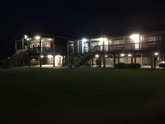 The lodge at night.