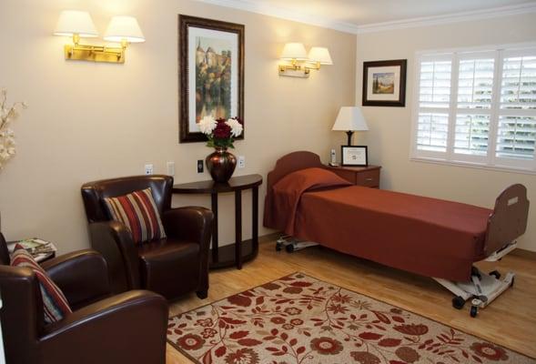 Private suite with a private bathroom. Located nearest the nursing station and therapy gym.