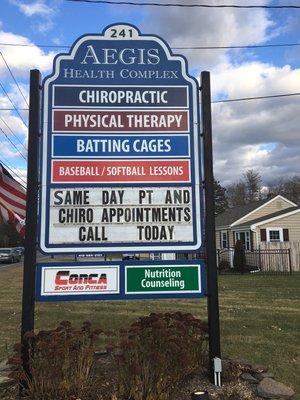 Our large sign is an easy landmark right on Route 9. We offer many specialities and provide same day PT appointments. Call today!