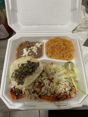 Grilled chicken enchilada with Asada taco and rice and beans