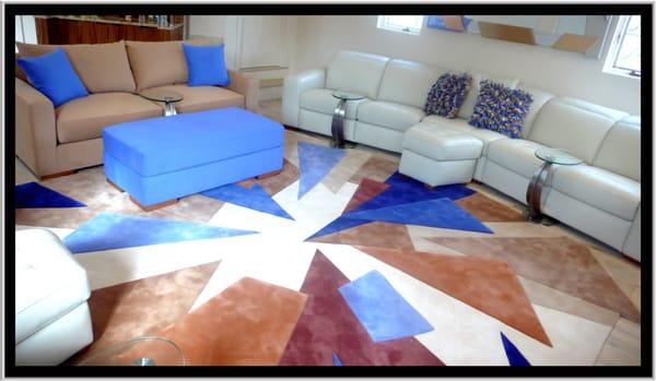 Custom area rug, leather sectional including 4 power incliners, Ultrasuede loveseat.