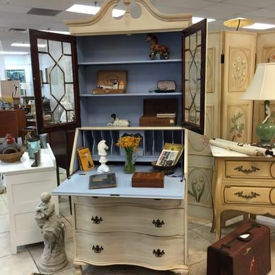 Desk, Storage shelf, Bookcase all in one piece with a great interior paint. Just one of many desks available at The Artful Home.