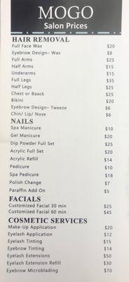 Prices for services