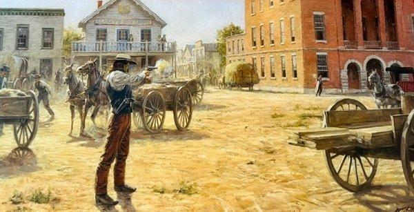 Depiction of Wild Bill Hickok killing Davis Tutt in a gun fight in the Springfield, Mo town square