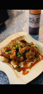 Fried shrimp and loaded fried grits (bacon and cheese)