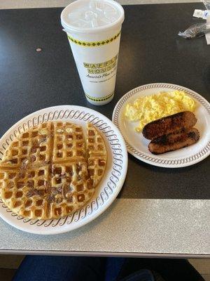 Pecan Waffle, scrambled eggs, Chicken Sausage