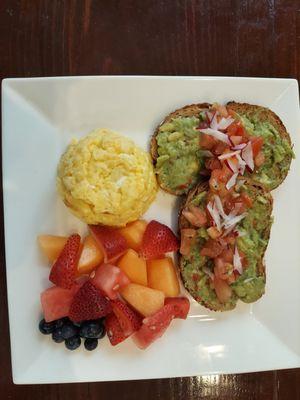 AVOCADO TOAST,
Open-faced seasoned mashed avocado on thick-cut multigrain