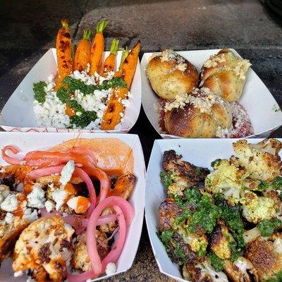 Garlic Knots with garlic butter
Roasted Cauli with basil & feta
Roasted Cauli with Buffalo & bleu cheese 
Roasted carrots with Basil/ feta