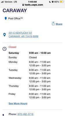 hours of operation for Caraway, Arkansas post office