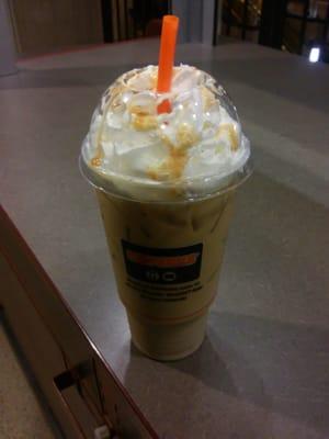 Dark roast with caramel shot and whipped cream