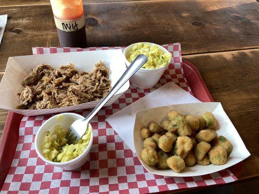 my meal of chopped pork barbecue, coleslaw, and breaded fried okra