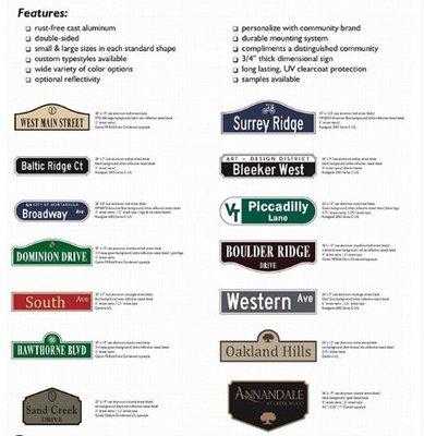 A variety of custom street sign blade designs are available to choose from