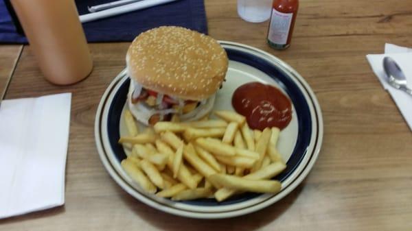 Bacon cheeseburger and fries. Yum!