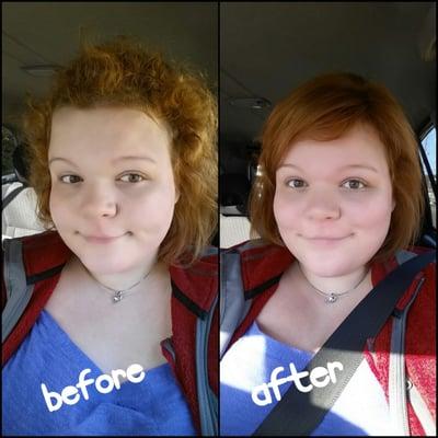 Before and after! The color is so much smoother and natural looking, and the cut is adorable!