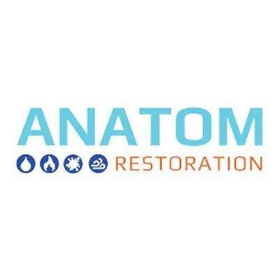 The Anatom Restoration logo, a modern design with a house, water droplet, and leaf representing the company's services in wat...