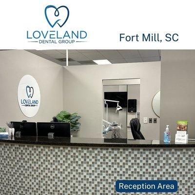 Welcome /  check-in area at Loveland Dental Group of Fort Mill! Start your dental journey with a warm greeting and efficient dental services