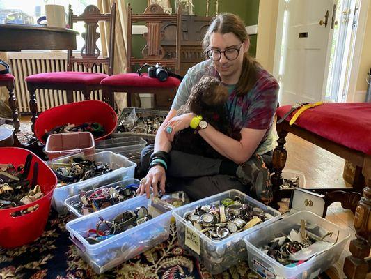 Josh calmly sorting through all the recent watches we accumulated at home....we find the most suitable & turn the broken ones into artwork