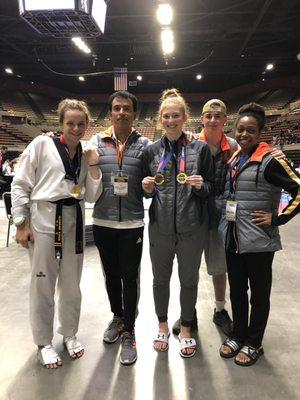 2019 California State Tournament with (L2R) Hannah, Coach Cabrera, Alena, Raymond, and Alicia.