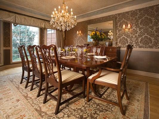 Exquisite dining room with unique wall finishes