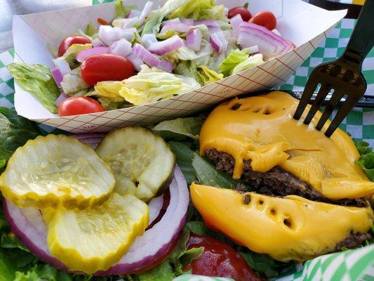 Classic burger, no bun, side salad.