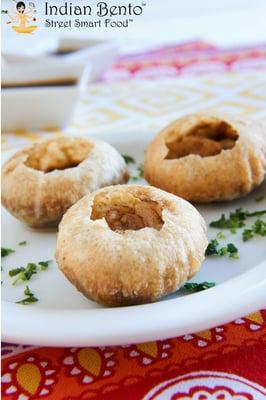 BOMBAY PANI PURI - semolina wheat puff with potatoes, garbanzos and sweet, spicy, mint tamarind water.