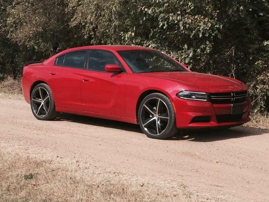 2015 Dodge Charger! Black 22" wheels, matte black spoiler, on a beautiful red!