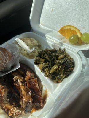 Rib plate with 2 sides greens and potato salad