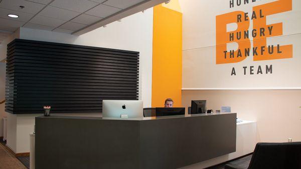 Front desk area inside of Swanson Russell in Lincoln, NE