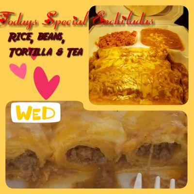 3 hand rolled enchiladas served with a homemade chili gravy refried beans, rice tortillas and a t $9