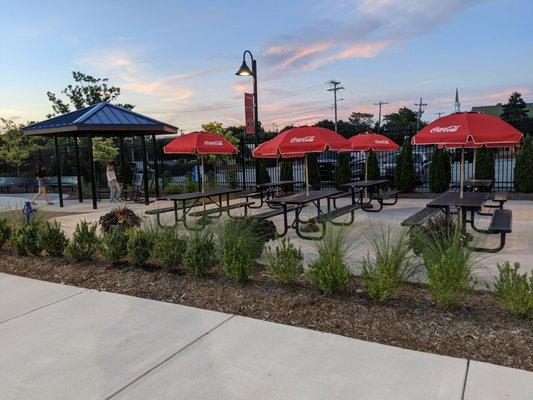 Park and picnic tables in left field