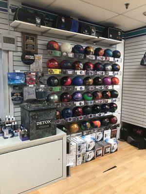 Mid to high end bowling balls and bags. Plenty of accessories.