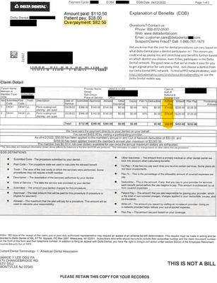 Explanation of Benefits (EOB). Paid $110.50, but only $28 was due, so there was a $82.50 overpayment.  No contact post-operation again.