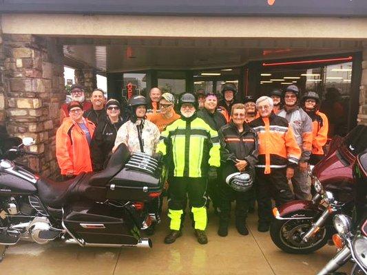 Our local HOG Ch. 1277 ready to take off and ride in their new rain suits! Rain or shine, they live to ride!