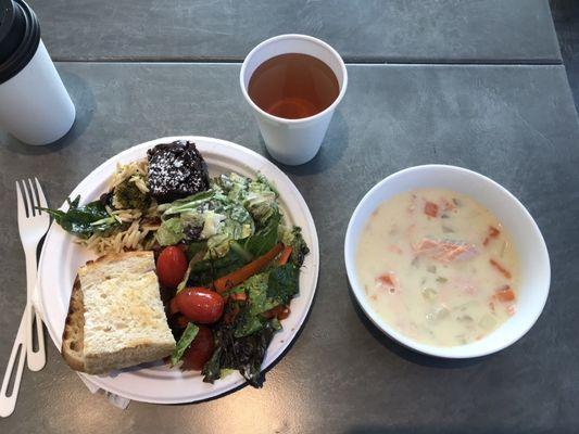 Salmon chowder, salads, iced tea.