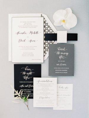 Black, white and grey sophisticated wedding invitations. What a pleasure it was to work with this beautiful bride and her mom!