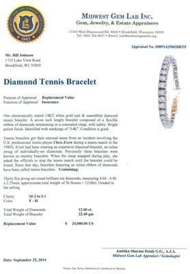 Midwest Gem Lab Diamond Tennis Bracelet Appraisal